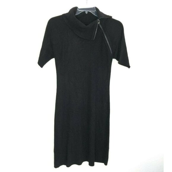 Calvin Klein Black Zip Cowl Neck Knit Sweater Dress Asymmetric Short Sleeve M - Picture 3 of 13